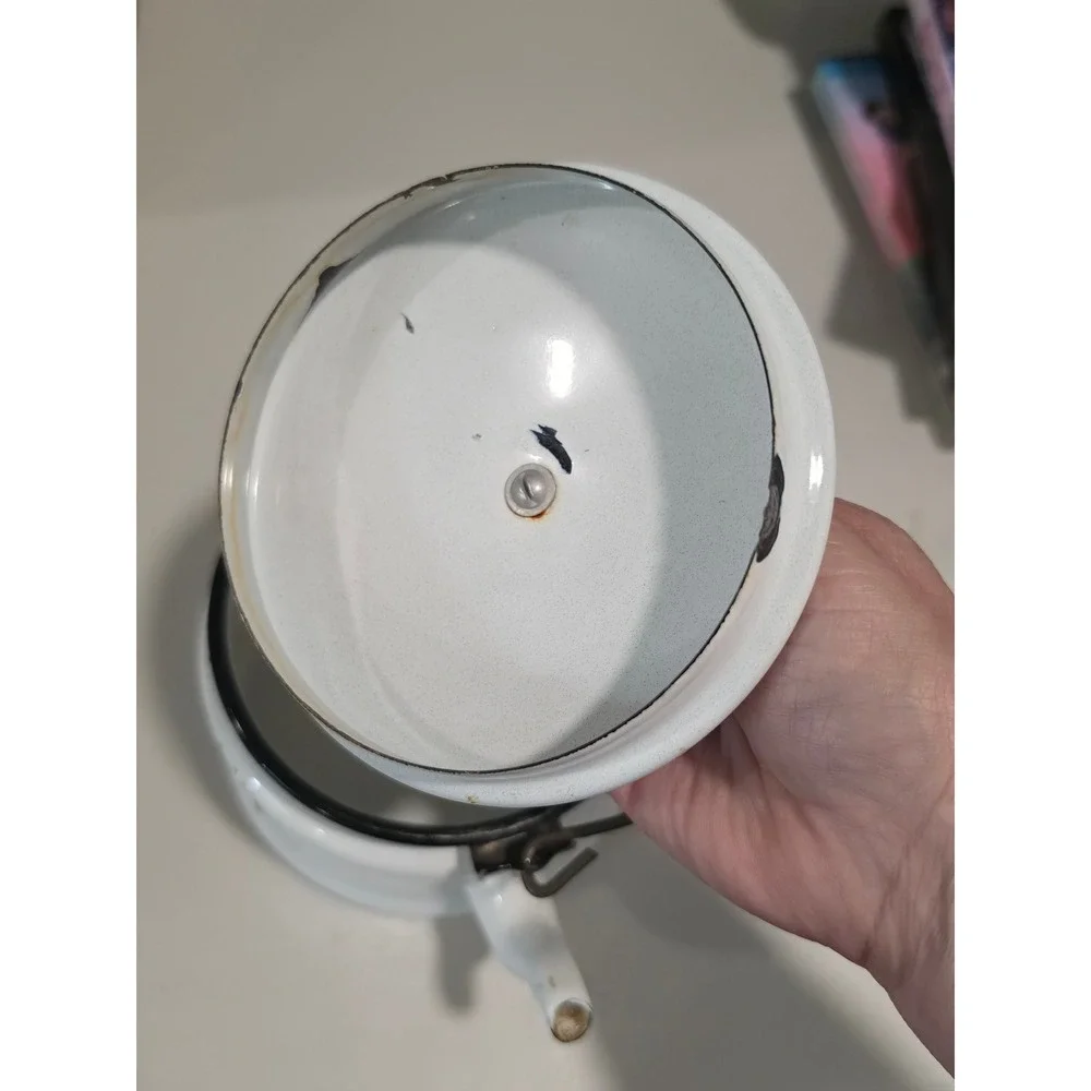 Vintage Bergen Enamelware Teapot Fruit Bowl Graphic White Enamel Tea Kettle